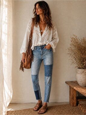 Free People Patchwork Skinny Ankle Jeans Raw Hem Colorblock Denim Size 25
